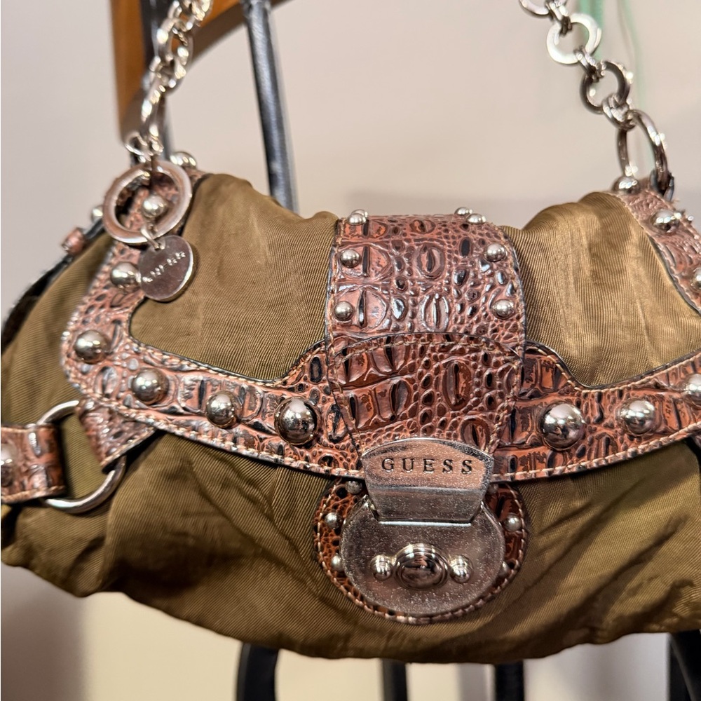 Guess Studded Hobo Shoulder Bag | Olive Nylon & Croc-Embossed Trim